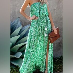 Beach Boho Hut Green Strapless Maxi Dress NWOT